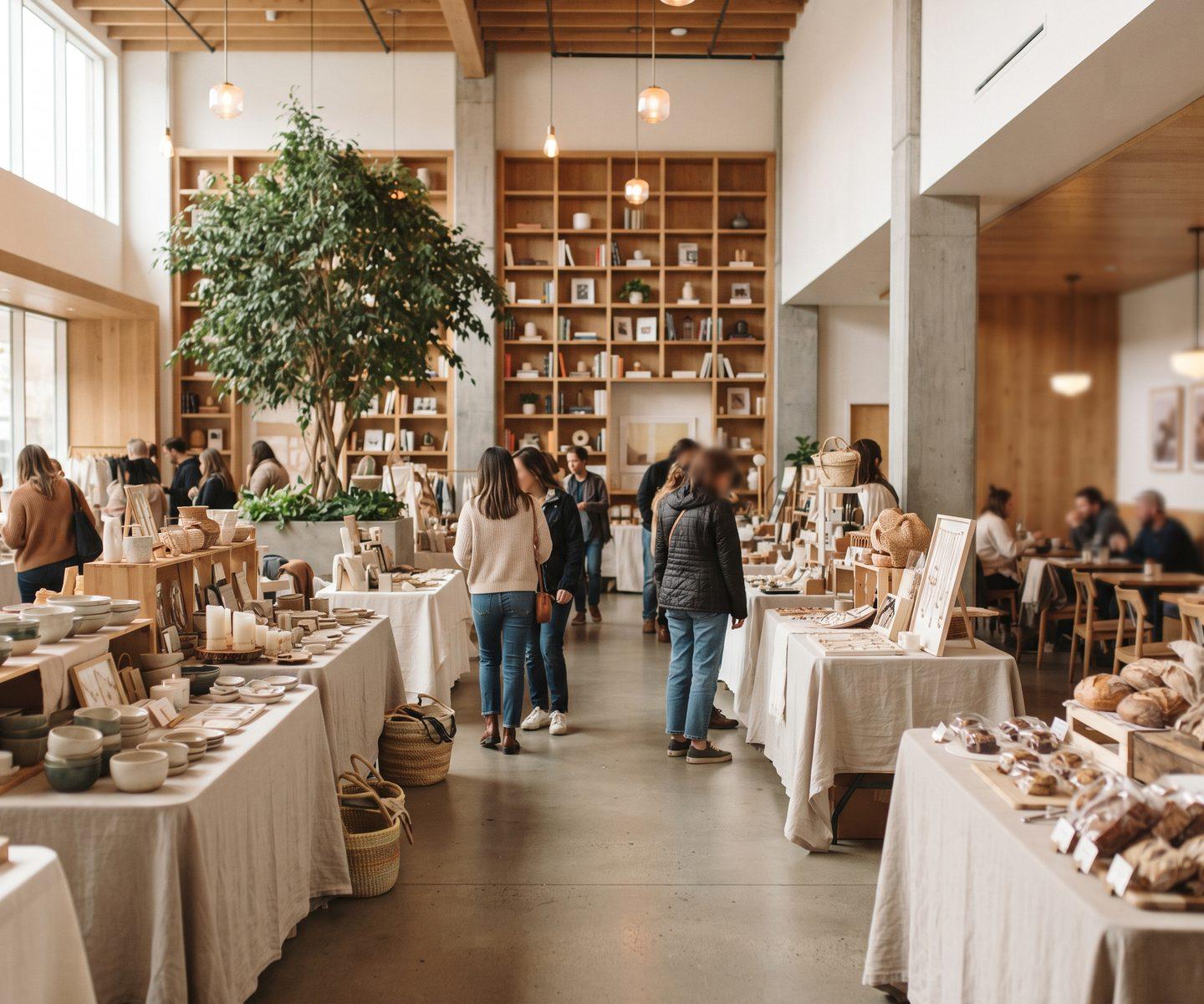 Vendors and shoppers at an indoor artisan market in the Flavours Hub hall
