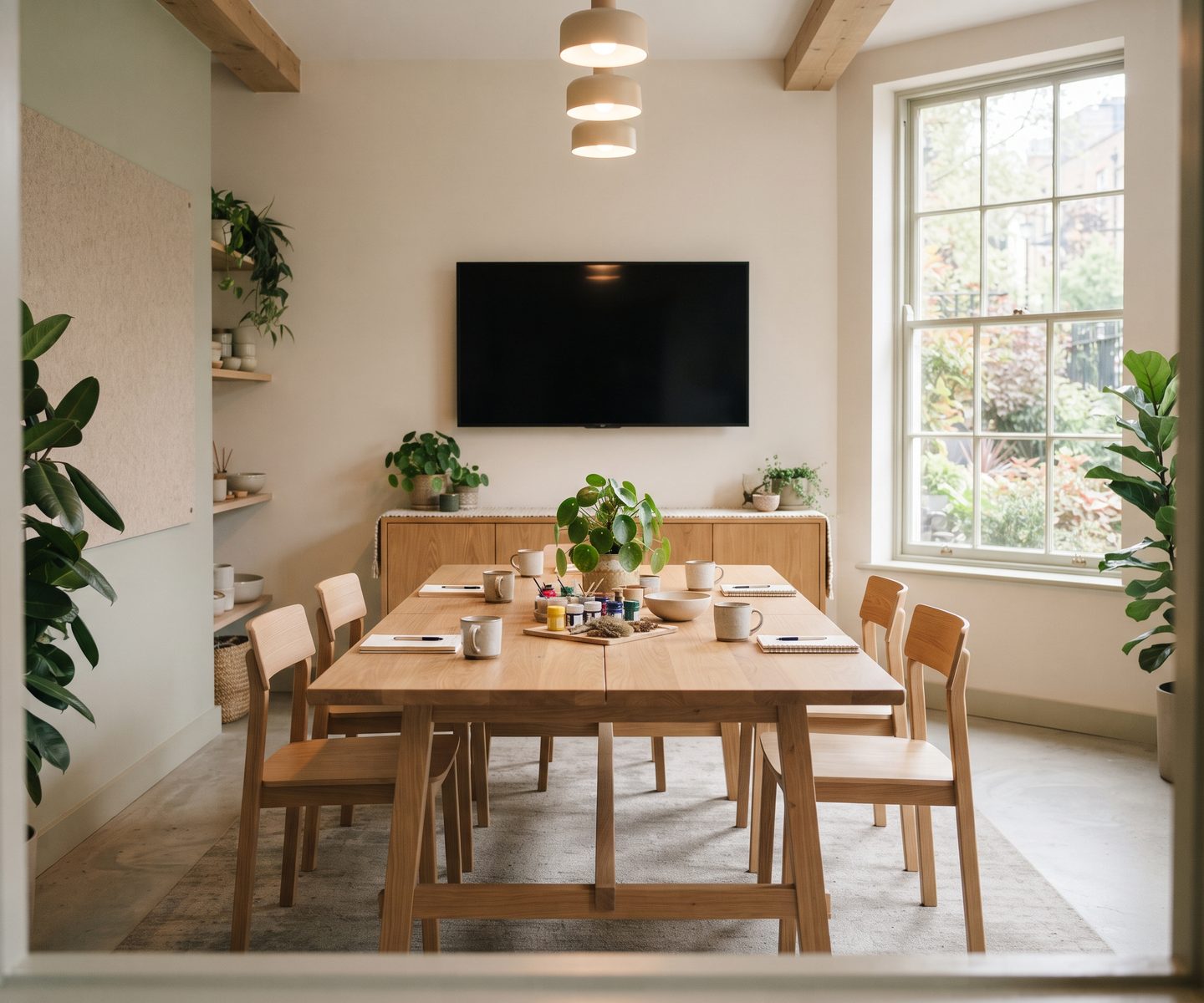A bright multipurpose room set up with a long table for a workshop